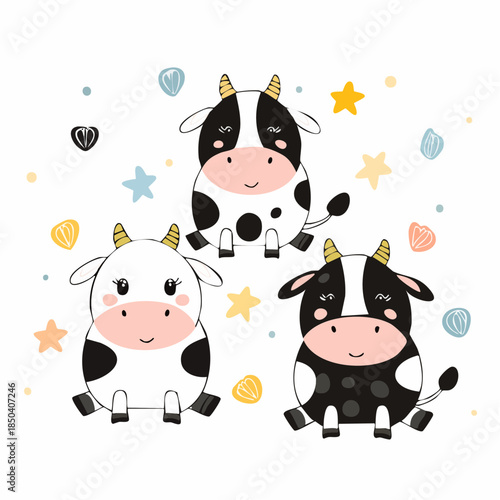 Set of three various cute Cows. Black and white colors. Hand drawn colored trendy Vector illustrations.