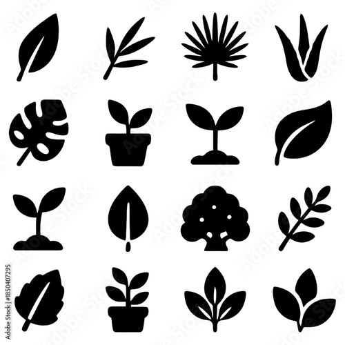Leaf Silhouettes: Diverse selection of stylized leaf silhouettes perfect for design projects, botanical studies, and natural-themed illustrations.