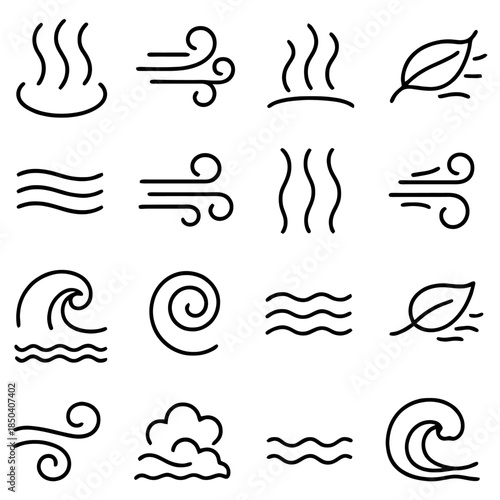 Elemental Icons: A collection of minimalist line art icons representing the four classical elements: air, earth, fire, and water. Designed with simplicity.