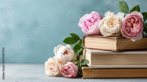 Stack of antique literature rests beneath a collection of pastel roses against a muted background