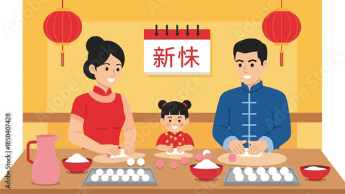 Family preparing dumplings together in a vibrant cultural setting with traditional decor