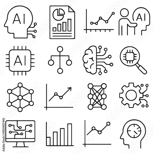 AI Icons Collection: A collection of meticulously crafted AI icons depicting the essence of artificial intelligence, with a focus on data analysis, machine learning, and technological innovation.