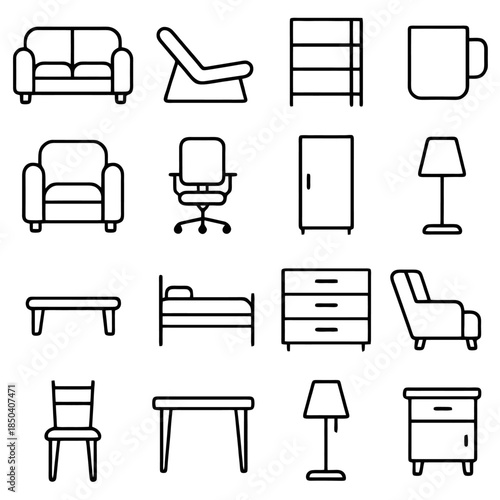 Line-Art Furniture Collection: A comprehensive set of interior design elements, depicted in a clean, minimalist line art style for diverse home decor projects. 