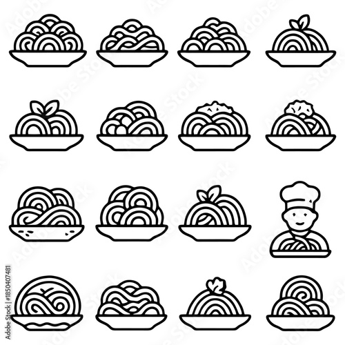 Pasta Variety and Culinary Delight: A curated set of stylized illustrations featuring diverse pasta dishes, each intricately arranged and artistically presented in its own unique form.