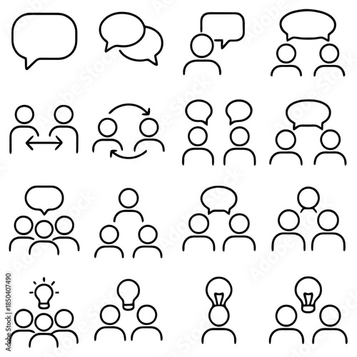 Dialogue Icons: A collection of concise, clean icons representing communication, collaboration, and idea exchange. Illustrating various conversation scenarios.