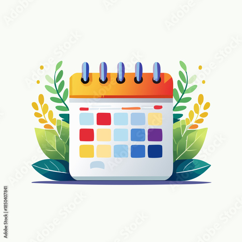 Calendar illustration with colorful leaves and flowers.