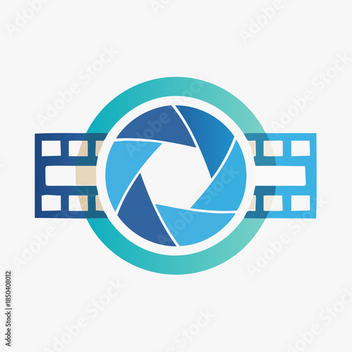 Camera lens and film strip logo.