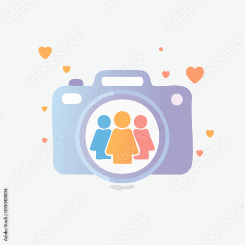 Camera lens with people icons and hearts illustration.