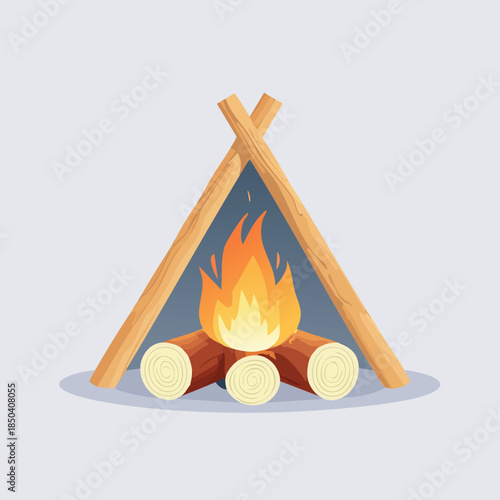 Campfire Burning Brightly with Wooden Logs and Sticks.