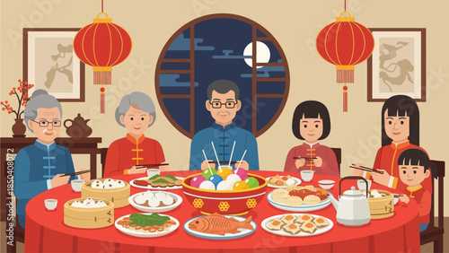 Family gathering around a festive table celebrating a traditional holiday together indoors with decorations