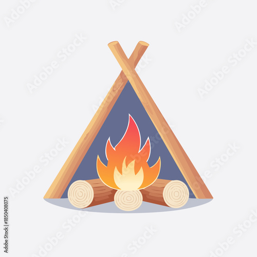 Campfire with logs and sticks, burning bright, outdoor camping.