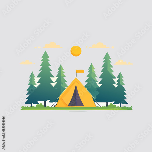 Camping adventure in a serene forest with a yellow tent under a sunny sky.