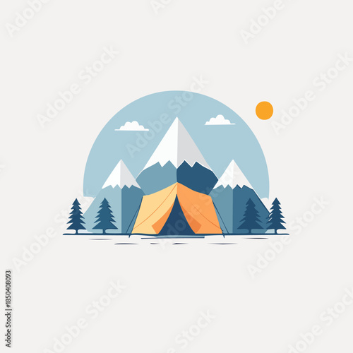 Camping adventure in the mountains with a tent and trees.