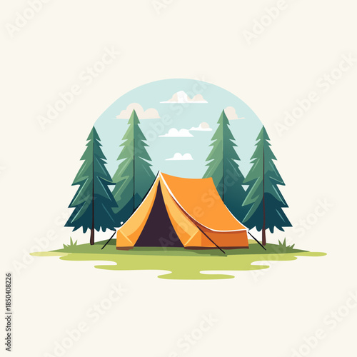 Camping tent in the forest surrounded by tall green trees.