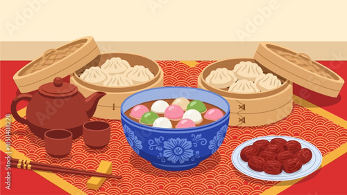 Traditional Asian Dumplings and Tea Setup on Vibrant Red Tablecloth with Steamer Baskets and Teapot
