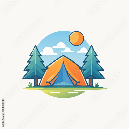 Camping tent surrounded by trees under the bright sun.