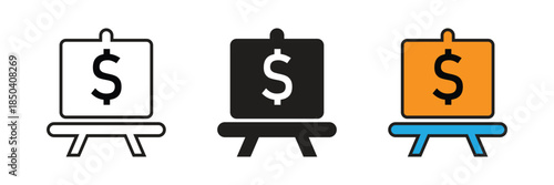 Vector icons featuring a dollar sign on an easel whiteboard. Perfect for business presentations, financial training, economic education, investment seminars, and corporate strategy planning visuals.