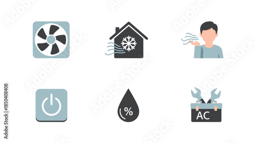 Set of icons illustrating home HVAC concepts including cooling, humidity, power, and thermostat controls.