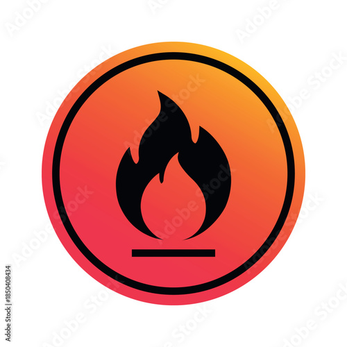 Vector Hazard Gradient Fire Icon Button on White Background. Black Flame Silhouette on Circle for Web. Flammable Liquid Warning Symbol.