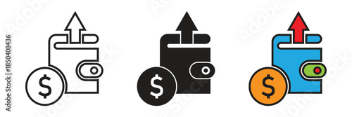 Vector icon set featuring a wallet with an upward arrow and dollar coin, representing cash withdrawals, spending, and financial payments.