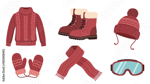 Cozy Red Winter Clothing Set Featuring Sweater Boots Hat Gloves Scarf and Ski Goggles.
