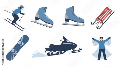 Group of Winter Sports Activities Including Skating, Skiing, Snowboarding, and Snowmobiling.