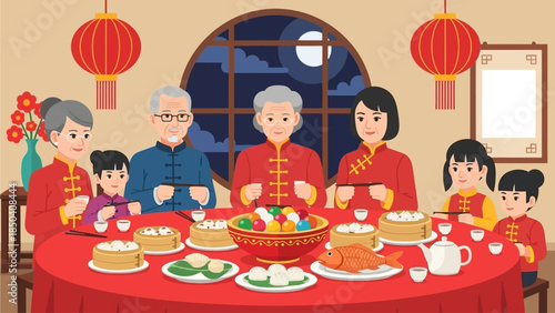 Family Gathering around the Dining Table during Chinese New Year Celebration