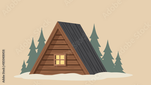 Cozy wooden cabin nestled in a snowy forest landscape with evergreen trees and gentle glow from the window.