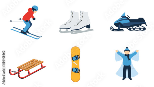 Group of Winter Sports and Recreation Items Showing Skiing, Ice Skating, Snowboarding, Sledding, and Celebration.