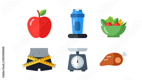 Assorted health and food icons featuring fruit, salad, meat, scale, belt, and bottle elements.