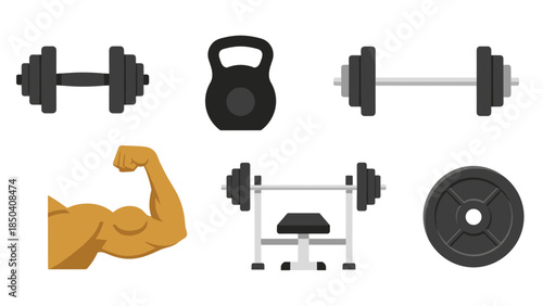 Iconic collection of gym equipment including dumbbell, kettlebell, barbell and flexed arm illustrations.