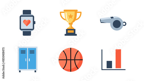 Descriptive collection of sports and fitness icons including watch, trophy, whistle, lockers, and basketball with a performance chart.