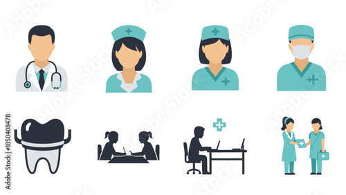 Collection of cartoon medical professionals and dental care scenes with patients and assistants.