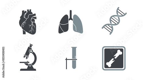 Collection of medical science icons illustrating heart, lungs, DNA, and laboratory research symbols.