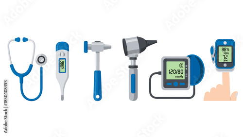 Range of Medical Diagnostic Tools and Monitoring Devices Shown Together for Clinical Use.