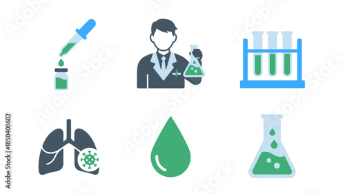 Scientific laboratory icons showing microscope, scientist, test tubes, and laboratory glassware illustrating biology research and chemistry experiments.