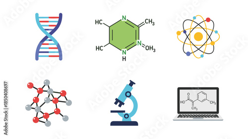 Diverse science icons featuring DNA, chemistry, microscopy, and digital learning visuals.