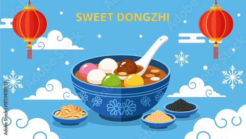 A vibrant illustration of a traditional dessert, Sweet Dongzhi, in a blue bowl with snowflake patterns, surrounded by ingredients and festive lanterns on a light blue background with clouds.