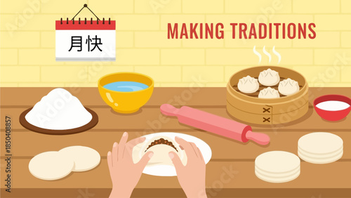 Hands preparing traditional dumplings on a wooden table with ingredients and cooking supplies nearby in a cozy kitchen setting viewed from above