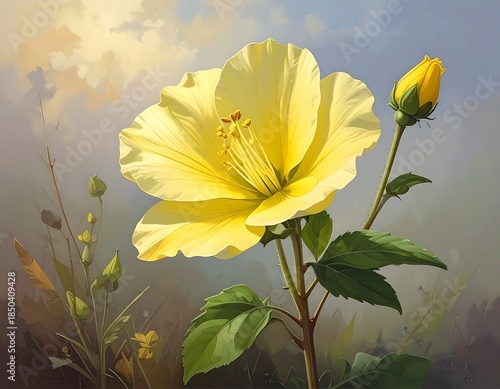 Large yellow hibiscus bloom with a bud, green leaves, and soft-focused background