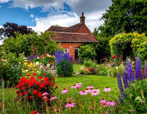Quaint brick cottage surrounded by vibrant garden blooms beneath a blue sky dotted with fluffy clouds