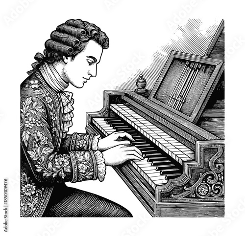 Vintage Classical Pianist Illustration – Engraved Composer Playing Piano