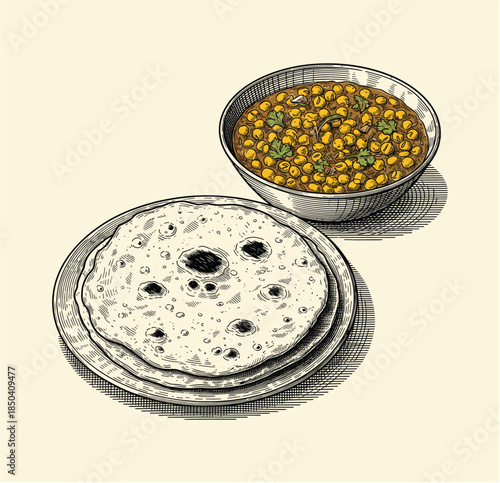 Vintage Engraved Indian Food Illustration – Roti and Chana Masala Plate Artwork