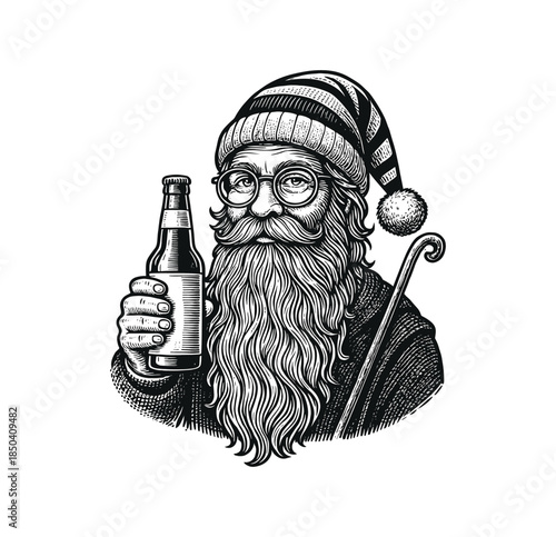 Vintage Hipster Santa Illustration Holding Beer Bottle – Retro Engraved Christmas Art