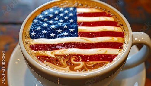 Latte art American flag depicted in coffee inside a white cup and saucer on a dark, weathered wooden surface