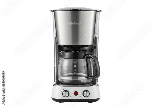 Premium modern electric drip coffee maker, stainless steel vertical panels, white housing, clear borosilicate glass carafe, chrome heating element, isolated on transparent. Commercial product