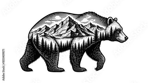 Woodcut Style Grizzly Bear Silhouette with Mountain Landscape and Forest, an Engraved Wilderness Animal, for Outdoor Adventure Graphics, Wildlife Conservation, Eco Tourism,