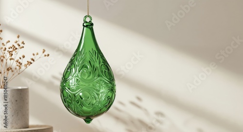 Elegant Ornament in Morning Light: The decorative glass ornament in exquisite detail. the ornament hangs gracefully, casting intriguing shadows on the wall.