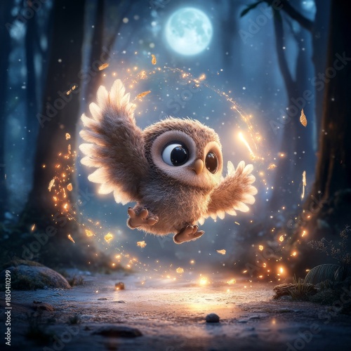 Adorable Flying Owl in Enchanting Forest Scene with Magical Sparkles.