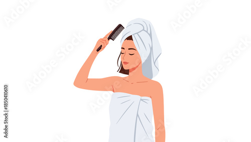 Woman in towel combing hair